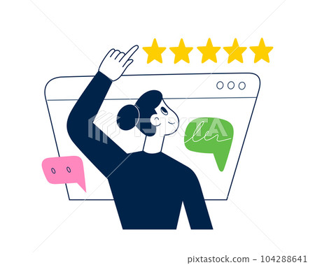 Customer gives 5 star rating, person chooses 5 stars, website interface, client leaves positive feedback, vector illustration Customer gives 5 star rating, person chooses 5 stars, website interface, client leaves positive feedback, vector illustration 104288641