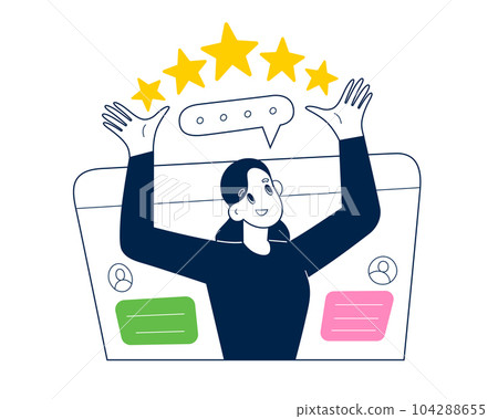 Customer leaves a good review, female client leaves positive feedback, give 5 stars rating on social media, flat vector illustration Customer leaves a good review, female client leaves positive feedback, give 5 stars rating on social media, flat vector illustration 104288655