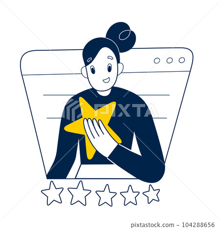 Satisfied customer holds a star, gives 5 star rating, positive feedback, female customer writes a good review, vector illustration Satisfied customer holds a star, gives 5 star rating, positive feedback, female customer writes a good review, vector illustration 104288656