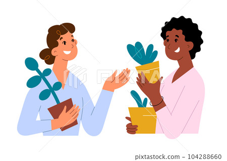 Two young women choose houseplants, holding plants in pots, female friends choose and buy plants, gardening hobby, vector illustration Two young women choose houseplants, holding plants in pots, female friends choose and buy plants, gardening hobby, vector illustration 104288660