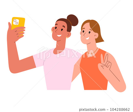 Two female friends make selfie, young women smiling, hugging and taking a selfie together using smartphone, vector illustration Two female friends make selfie, young women smiling, hugging and taking a selfie together using smartphone, vector illustration 104288662