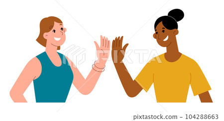 Two young women giving high five gesture. Female friends raise hands greeting. Concept of friendship, support, vector illustration Two young women giving high five gesture. Female friends raise hands greeting. Concept of friendship, support, vector illustration 104288663