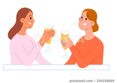 Two women drink champagne, hold glasses, female friends spend time together, celebrate, drink alcohol and talk, vector illustration Two women drink champagne, hold glasses, female friends spend time together, celebrate, drink alcohol and talk, vector illustration 104288669