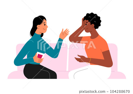 Two women talk and drink sitting on a sofa, female friends have conversation sitting on a couch, flat vector illustration 104288670