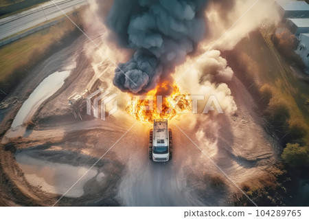 Aerial view of Freight fuel truck explosion with fire and smoke. Generative AI illustration 104289765