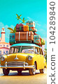Small retro car with baggage and luggage on the roof, fully packed, ready for summer. Generative Ai. 104289840