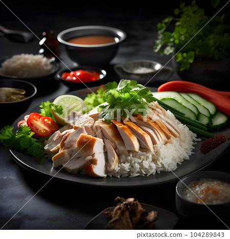 Khao Mun Gai or Hainanese chicken rice Thai food, with Generative AI Khao Mun Gai or Hainanese chicken rice Thai food, with Generative AI 104289843