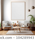 a mockup of an empty, blank poster, frame empty, in a bohemian Living Room with generative Ai. 104289943