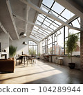 Interior Design a perspective of a creative loft, large windows with natural light, modern furniture, skylight, modern minimalistic desig. Generative Ai. 104289944