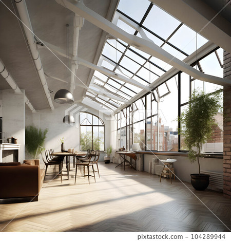 Interior Design a perspective of a creative loft, large windows with natural light, modern furniture, skylight, modern minimalistic desig. Generative Ai. 104289944