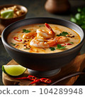 Tom Yam Kung ,Prawn and lemon soup with mushrooms, thai food in bowl. Generative Ai. 104289948