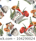 Fern and mushrooms seamless pattern watercolor illustration. Hand drawing isolated on white background. 104290024