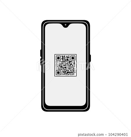 帶有二維條形碼 (QR) 的黑色智能手機的前視圖 帶有二維條形碼 (QR) 的黑色智能手機的前視圖 104290401