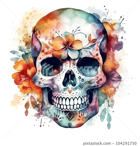 Colorful Sugar Skull flower coloring Watercolor on white background. AI generated  104291730