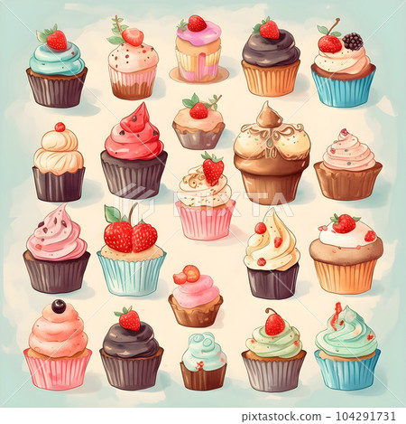 cupcake collection, flat colors, cute simple design, bright soft color, painted with transparent watercolor. AI generated 104291731