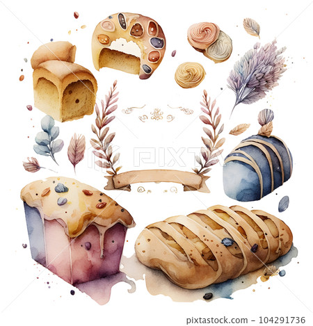 Watercolor Bread& Bakery. AI generated Watercolor Bread& Bakery. AI generated 104291736