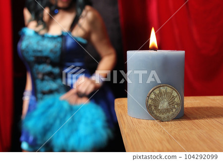 1843 Mexican Silver Coin With Woman in Blue Corset in Background Shallow DOF 104292099