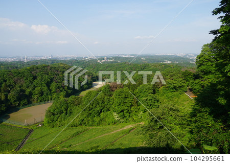 Fresh green Shiroyamako baseball stadium seen from Lake Shiroyama Fresh green Shiroyamako baseball stadium seen from Lake Shiroyama 104295661