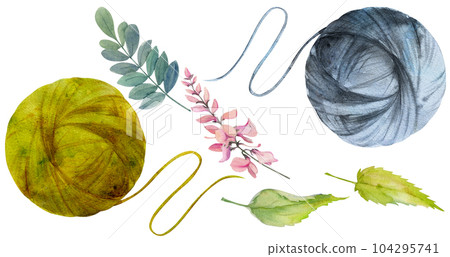 Hand drawn watercolor indigo, nettle coloring natural plant dye, materials. Hobby, handmade fabric. Illustration isolated composition, white background. Shop logo, print, website business card booklet 104295741