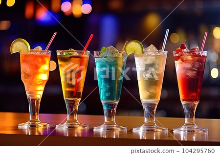 Bar counter in a nightclub with various cocktails. Generative AI 104295760