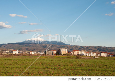 Country landscape of southern Bulgaria at sunset 104296998