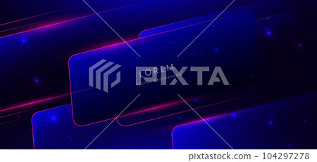 Abstract glowing pink neon light line frame on dark blue background with lighting effect. 104297278