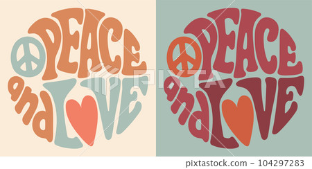 Groovy lettering Peace and Love. Retro slogan in round shape. Trendy groovy print design for posters, cards, tshirt. Groovy lettering Peace and Love. Retro slogan in round shape. Trendy groovy print design for posters, cards, tshirt. 104297283