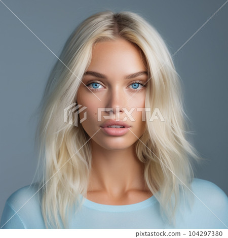 Woman, blond streight hair, big eyes, blue eyes, light skin, very