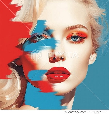Art portrait of a beautiful blond woman with bright make-up. Art Portrait of beautiful girl with red lips on a blue background. Digital painting. Illustration of a beautiful girl with oil paints. 104297398
