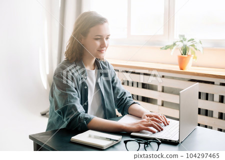 Young woman using laptop computer in a modern office setting and student girl working from the 104297465