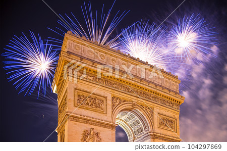 Celebratory colorful fireworks over the Arc de Triomphe, Paris, France Celebratory colorful fireworks over the Arc de Triomphe, Paris, France 104297869