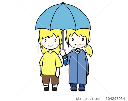 一名白人婦女共用一把雨傘的插圖(面向前方) 一名白人婦女共用一把雨傘的插圖(面向前方) 104297934