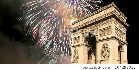 Celebratory colorful fireworks over the Arc de Triomphe, Paris, France Celebratory colorful fireworks over the Arc de Triomphe, Paris, France 104298032