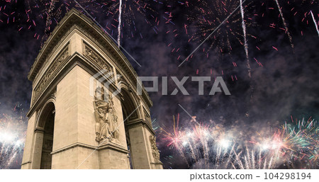 Celebratory colorful fireworks over the Arc de Triomphe, Paris, France Celebratory colorful fireworks over the Arc de Triomphe, Paris, France 104298194