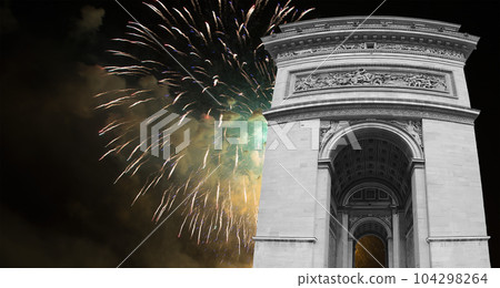 Celebratory colorful fireworks over the Arc de Triomphe, Paris, France Celebratory colorful fireworks over the Arc de Triomphe, Paris, France 104298264