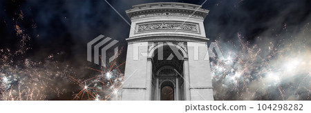 Celebratory colorful fireworks over the Arc de Triomphe, Paris, France Celebratory colorful fireworks over the Arc de Triomphe, Paris, France 104298282
