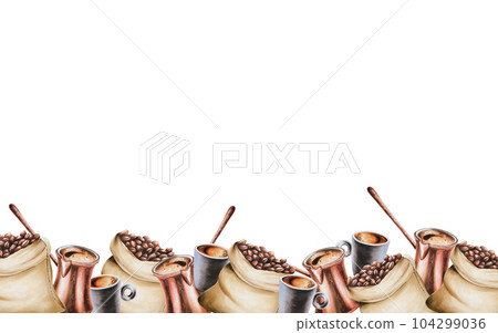 Watercolor seamless border with coffee making tools. Latte, espresso, americano, cappuchino, raff, mocha border. Hand painting logo on isolated background. For designers, menu, shop, bar, bistro, 104299036