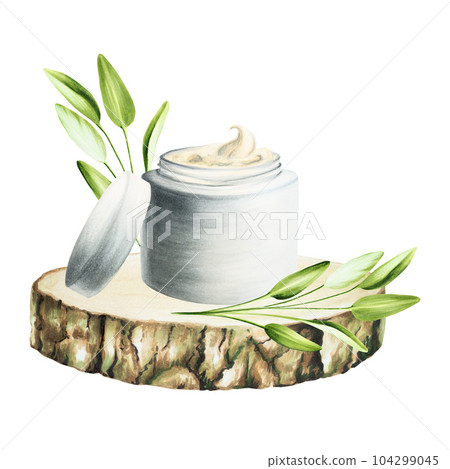 Watercolor face cream in a jar on a wooden saw cut with sage isolated on white background. Beauty products and botany elements, cosmetology and medicine. For designers, spa decoration, postcards, 104299045