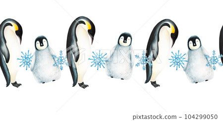 Watercolor winter border with king penguins and snowflakes isolated. Hand painting realistic Arctic and Antarctic banner with ocean mammals. For designers, decoration, postcards, wrapping paper, 104299050