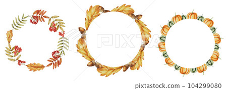 Autumn watercolor isolated set of wreaths with rowan, pumpkins, oak leaves and acorns on white background. Seasonal autumn elements. Thanksgiving, Halloween illustration for designers, wedding, 104299080