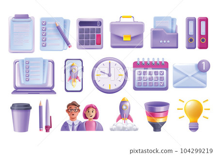 3D business work icon set, office vector stationery kit, management calendar, laptop screen document 104299219