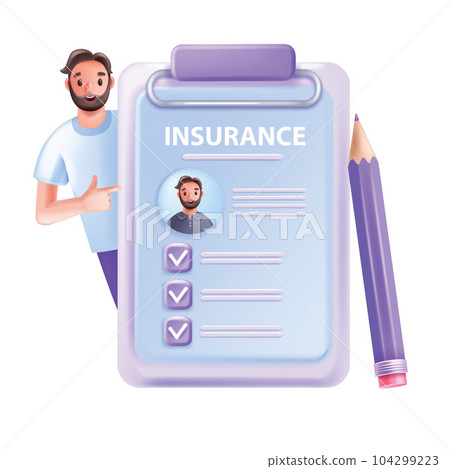 3D insurance icon, man agent medical travel life policy, clipboard check mark hospital document.  104299223