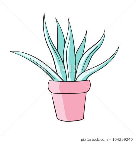 Blue Agave plant in a flower pot, flat vector illustration. Aloe vera, green succulent growing. Houseplant, natural interior decoration. Cartoon vector illustration isolated on a white background. 104299240