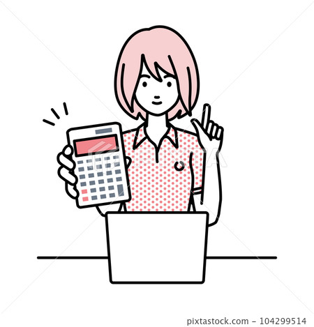 A woman in a polo shirt sitting at her desk with her laptop open, holding a calculator and showing it to me A woman in a polo shirt sitting at her desk with her laptop open, holding a calculator and showing it to me 104299514