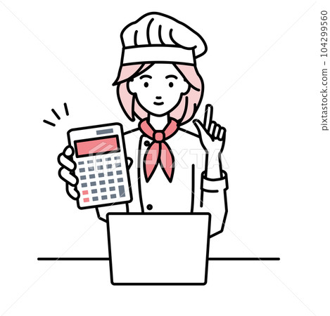 A female cook sitting at her desk, opening her laptop, holding a calculator, and showing it to us 104299560