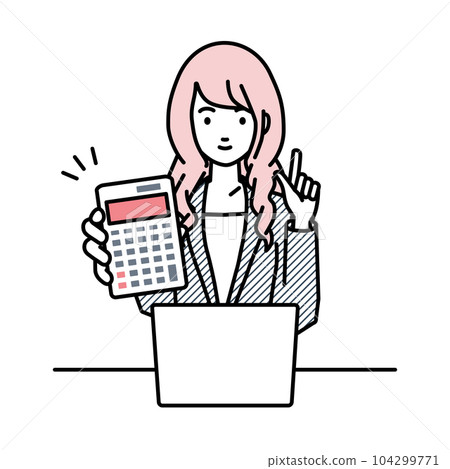 A woman in a suit sitting at her desk, opening her laptop, holding a calculator, and showing it to me 104299771