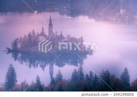 Bled, Slovenia view with church 104299808