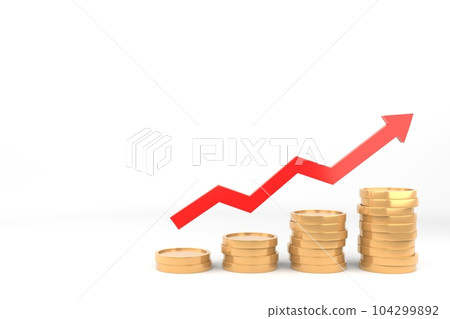 Stacks of gold coins and red rising arrow stock market related material illustration 104299892