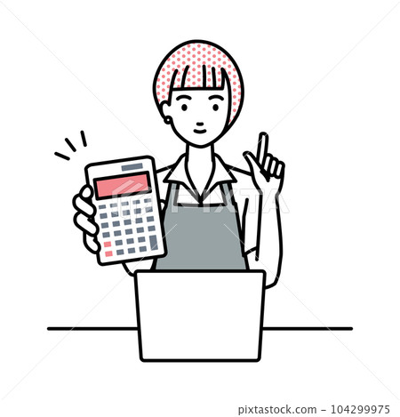 一位系圍裙的女職員坐在她的辦公桌前,打開她的筆記本電腦,拿著一個計算器給我看 一位系圍裙的女職員坐在她的辦公桌前,打開她的筆記本電腦,拿著一個計算器給我看 104299975