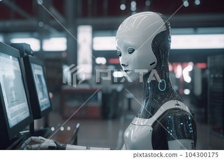 An android woman works at a supermarket cash register close up. Robots help people. Generative AI An android woman works at a supermarket cash register close up. Robots help people. Generative AI 104300175